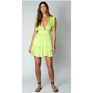 Stillwater the Jessie mini dress lime green small viscose ruffles tier plunge